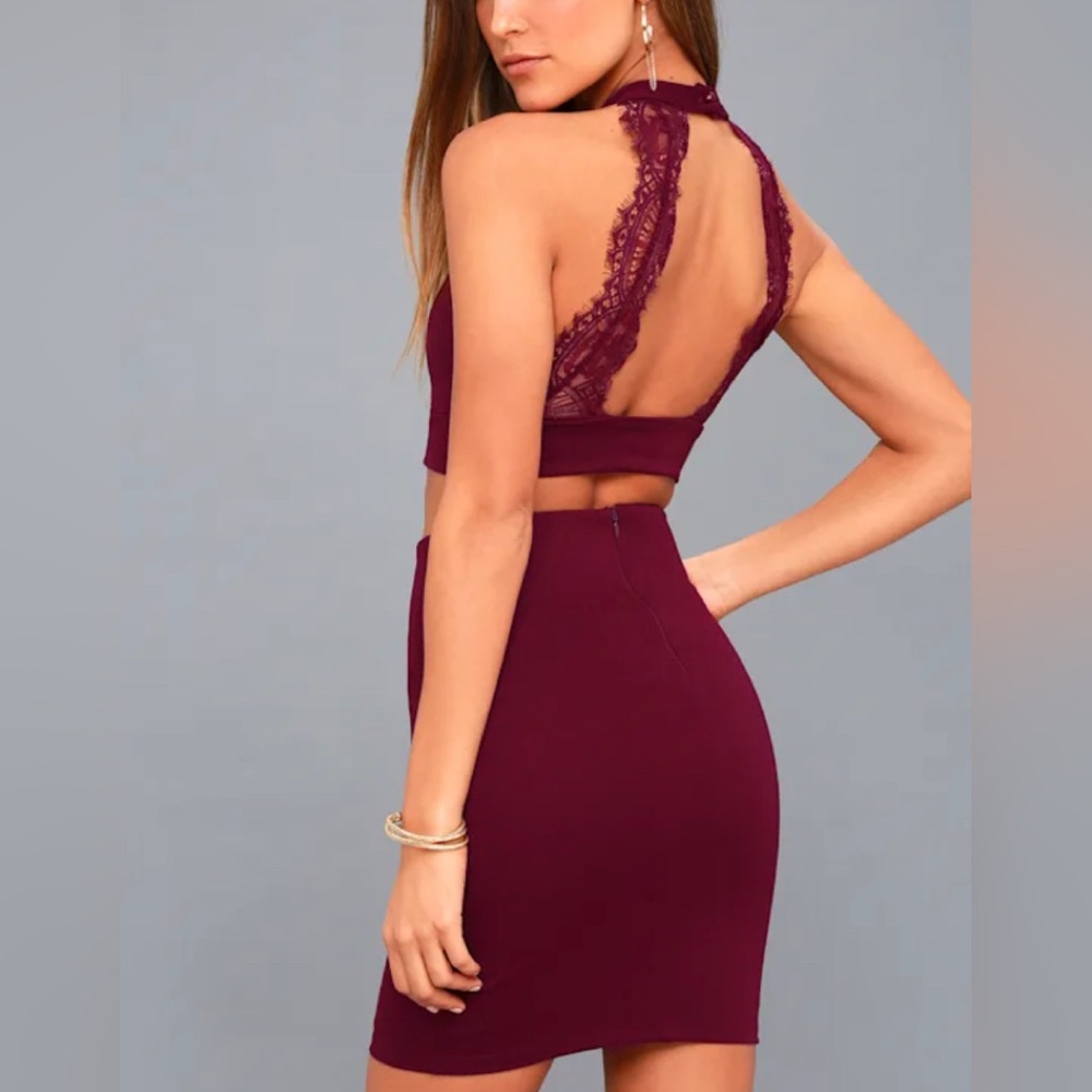 Lulus Chic My Interest Burgundy Lace Two-Piece Dress Size Small